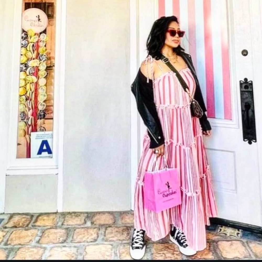 New Tiered Tie Strap Red Stripe Dress